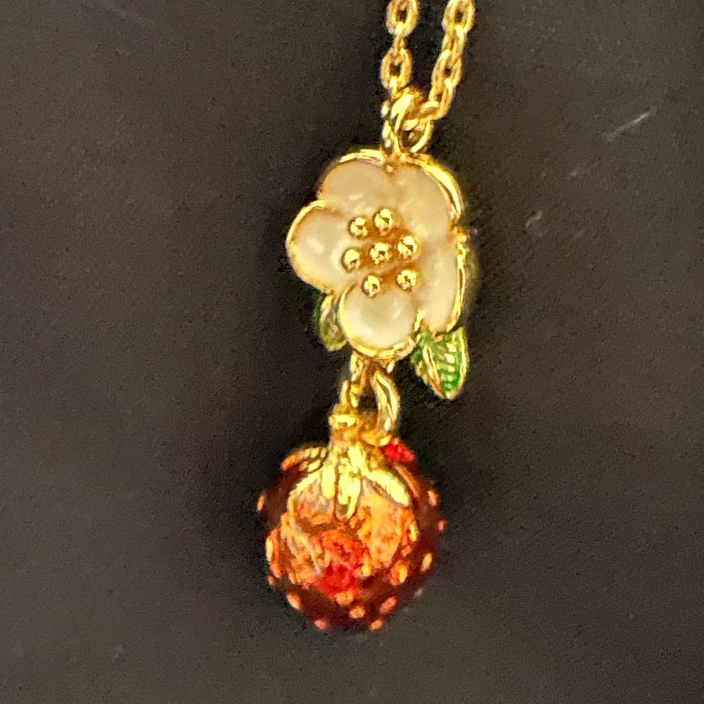 NWT Kate Spade New York Flower & Strawberry Pendant Necklace, 16 inch chain - Picture 2 of 6